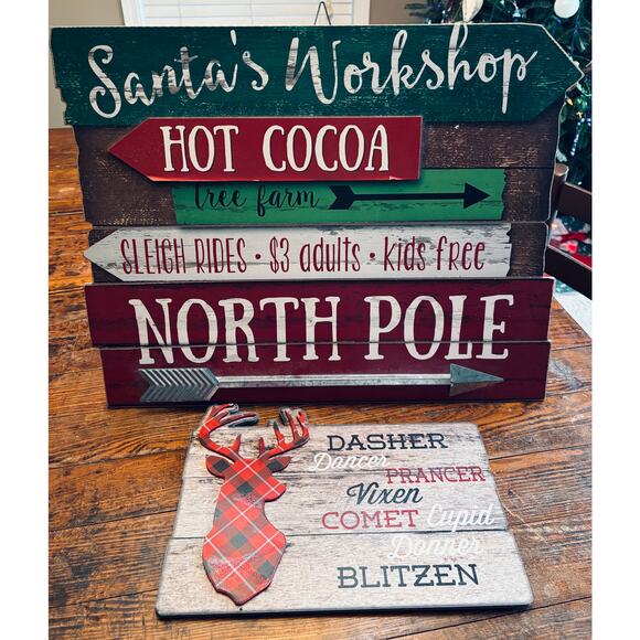 Set of 2 Rustic Wooden Winter Christmas Signs - Santa’s Workshop and Reindeer - Picture 1 of 8